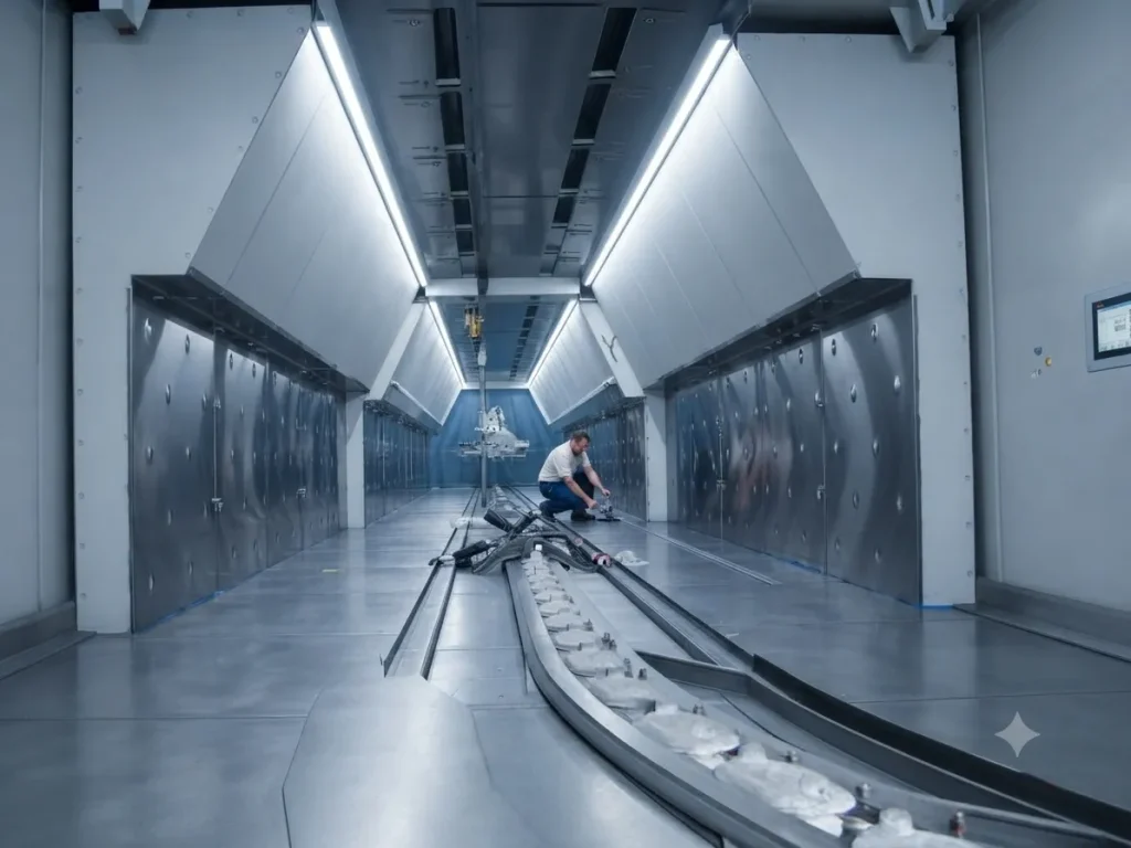 Vista en perspectiva del interior de un túnel industrial con paredes de acero inoxidable y paneles grises, iluminado por luces LED de techo. Un técnico arrodillado trabaja sobre un mecanismo de raíl guía central en el suelo.