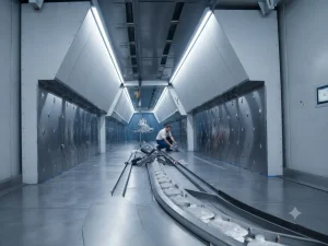 Vista en perspectiva del interior de un túnel industrial con paredes de acero inoxidable y paneles grises, iluminado por luces LED de techo. Un técnico arrodillado trabaja sobre un mecanismo de raíl guía central en el suelo.