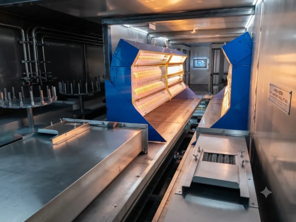 Interior de un horno o túnel de secado industrial equipado con módulos de lámparas calefactoras infrarrojas azules y superficies de acero inoxidable.