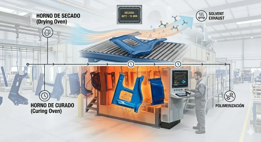 Una imagen dividida en dos paneles horizontales con un diseño limpio. El panel superior, etiquetado "HORNO DE SECADO", muestra una pieza metálica en una cinta transportadora donde una corriente de aire cálido elimina gotas visibles de agua y solvente, que se evaporan hacia arriba; la pintura se ve suave pero frágil. El panel inferior, etiquetado "HORNO DE CURADO", muestra la misma pieza metálica en un ambiente más caliente, donde la pintura se ha endurecido en un acabado brillante y liso, y un icono de martillo golpeando suavemente la superficie indica su resistencia final.