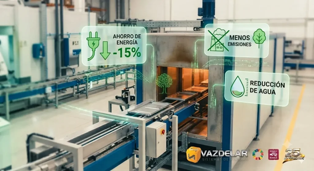 Una visualización en primer plano de una sección optimizada de un horno de curado industrial en una línea de pintura de Vazdelar. La imagen utiliza una estética limpia y moderna para destacar la reducción de consumo.