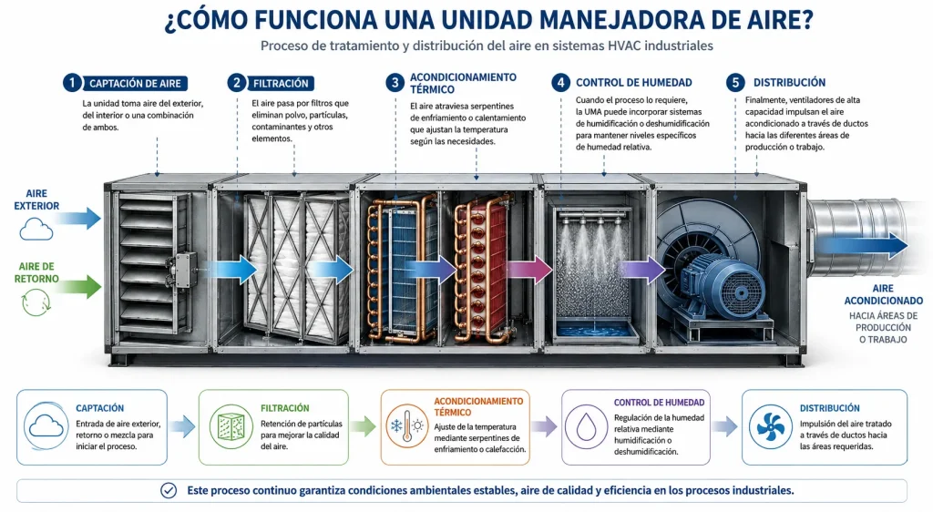 Diagrama industrial que muestra la captación, filtración, acondicionamiento térmico, control de humedad y distribución del aire en una unidad manejadora de aire.