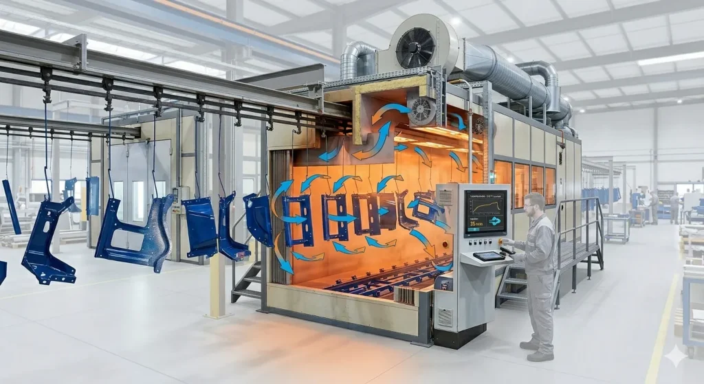 Una vista transversal estilizada e ilustrativa de un gran horno de curado industrial de Vaz De Lara. Un sistema de transportador aéreo introduce piezas metálicas (como gabinetes de electrodomésticos) en la cámara abierta. Flechas de aire caliente y frío indican el flujo de convección forzada impulsado por ventiladores en el techo del horno, circulando uniformemente alrededor de todas las piezas.