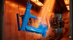Un primer plano extremo de una pieza metálica compleja dentro de un horno de curado. La pieza está parcialmente cubierta por polvo de pintura mate y suelto. Un haz de luz naranja intensa y uniforme incide sobre una sección, mostrando cómo las partículas de polvo se funden, se nivelan y comienzan a formar un acabado sólido, brillante y liso.