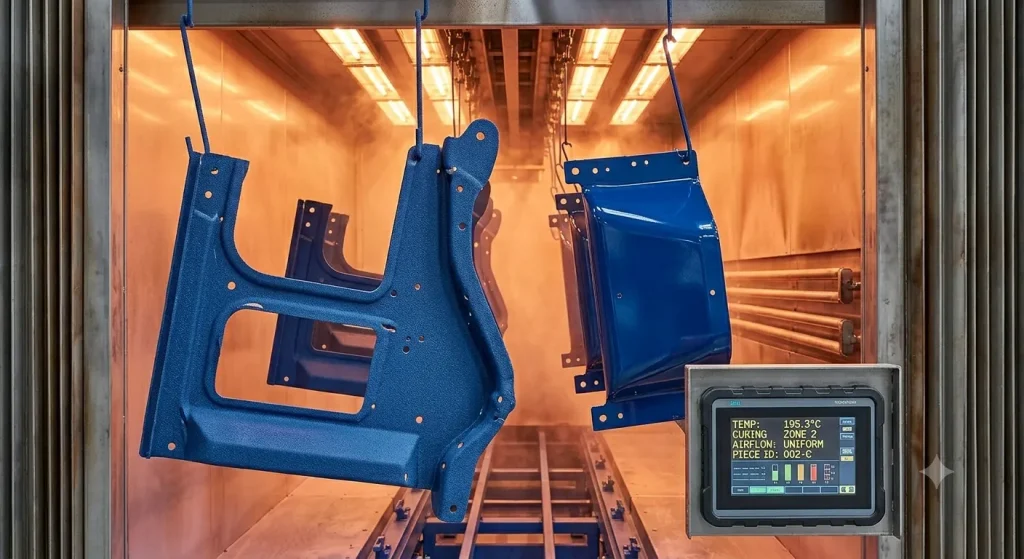 Un primer plano de rango medio, mirando hacia el interior abierto de una cámara de horno de secado industrial. Dos paneles metálicos cuelgan uno al lado del otro. El panel de la izquierda está cubierto con polvo de pintura verde, mate y texturizado, justo después de ser aplicado.