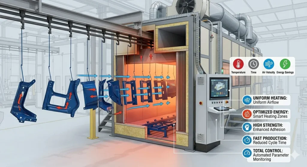 Una vista transversal en 3D de un horno de secado industrial moderno, mostrada como una ilustración técnica limpia. Varias piezas automotrices complejas cuelgan dentro del horno. Flechas azules y rojas ilustran un sistema de circulación de aire de flujo laminar que fluye uniformemente alrededor de todas las superficies de las piezas, indicando calor homogéneo.