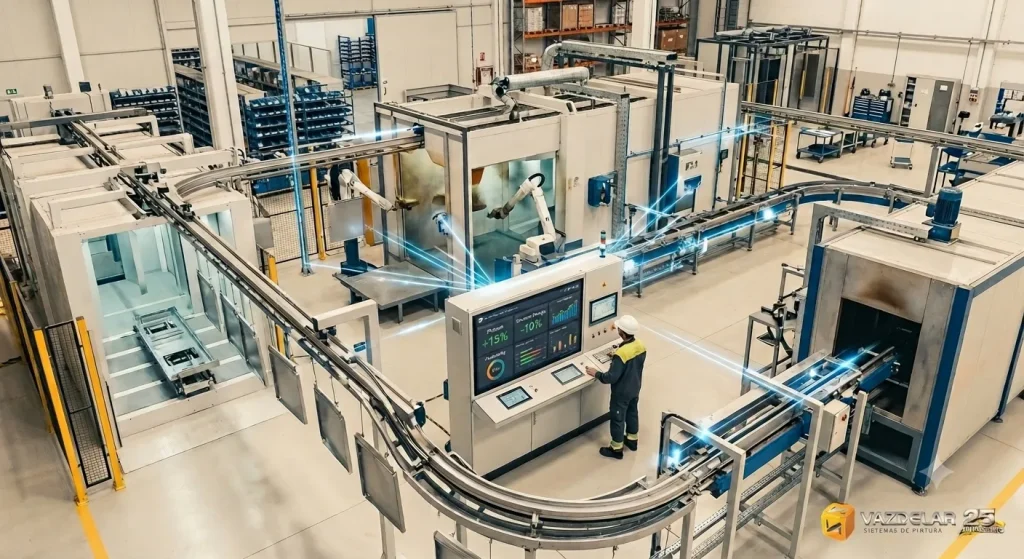 Una vista elevada de una moderna línea de pintura industrial automatizada y conectada. Piezas metálicas se desplazan por un sistema de transporte monorriel a través de etapas de pretratamiento, una cabina de aplicación con brazos robóticos y un horno de curado.