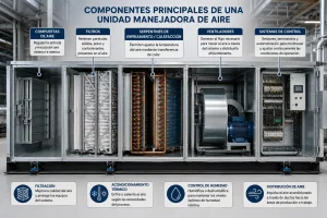 Diagrama esquemático en corte 3D de una Unidad Manejadora de Aire (UMA) industrial. Se ilustra el flujo de aire desde la captación, pasando a través de etapas de filtros, serpentines de enfriamiento/calentamiento y sistemas de humidificación, hasta ser impulsado por ventiladores hacia los ductos de una planta.