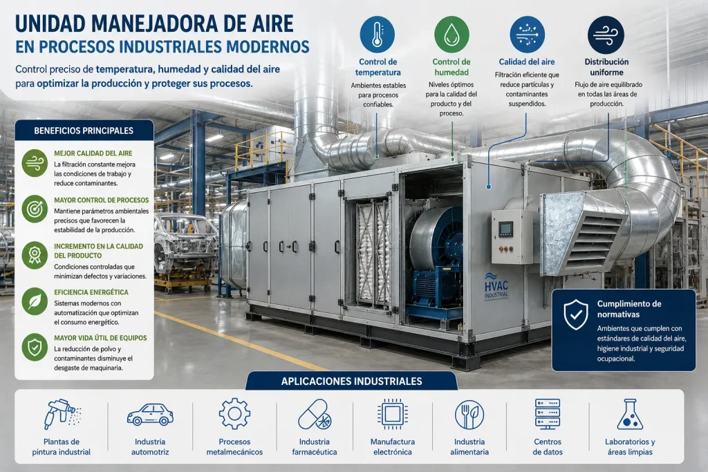 Diagrama esquemático en corte 3D de una Unidad Manejadora de Aire (UMA) industrial. Se ilustra el flujo de aire desde la captación, pasando a través de etapas de filtros, serpentines de enfriamiento/calentamiento y sistemas de humidificación, hasta ser impulsado por ventiladores hacia los ductos de una planta.